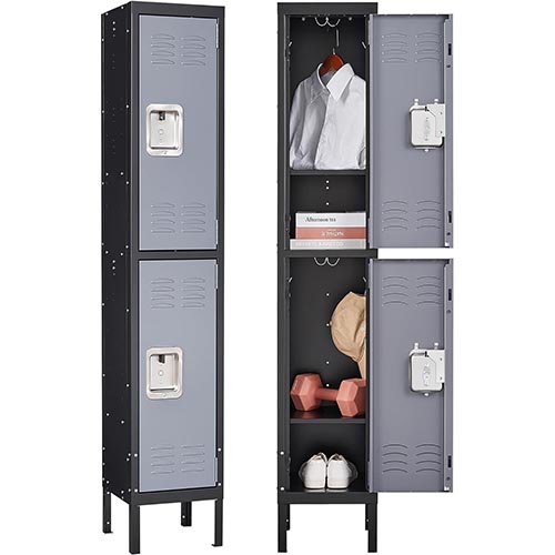 Letaya Metal Locker for Employees,Lockable Clothes Storage Steel Organizer Cabinet for Work,School,Gym,Home,Office,Staff,Kid Room (2 Door-Black Gray)